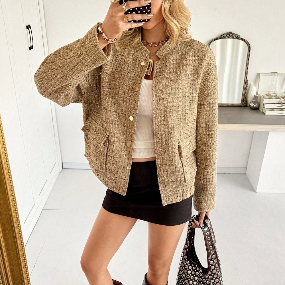 Khaki Preppy Women's Gold Sequin Tweed Jacket - Picture 4 of 9